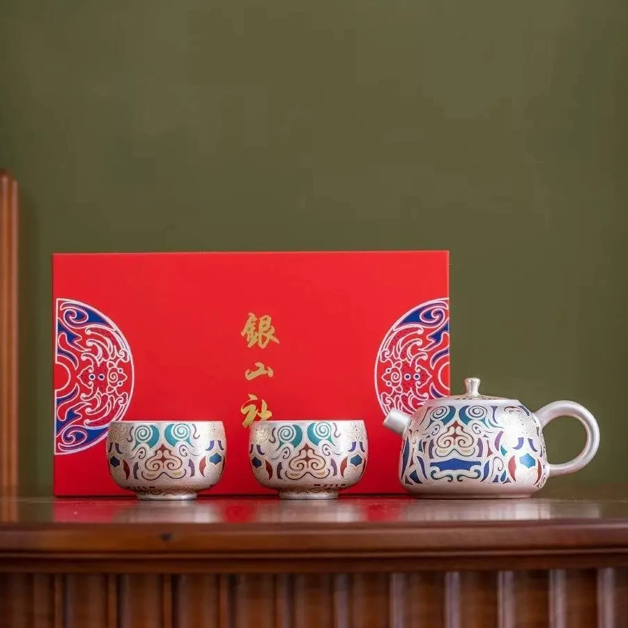 饕餮敦煌鎏银茶壶纯手工一壶两杯茶杯茶具套装高档功夫茶具礼盒装