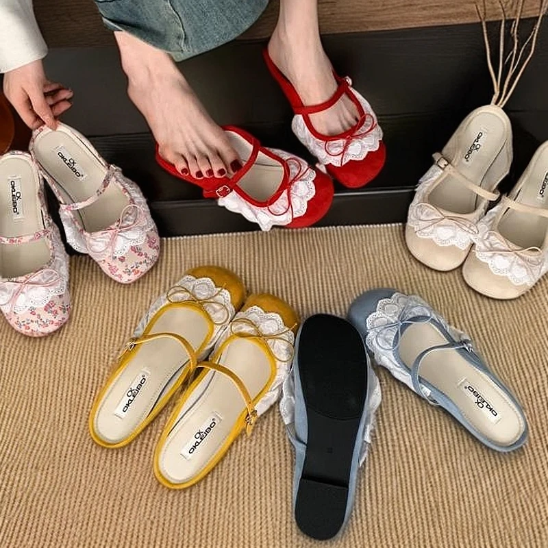 复古花边浅口单鞋女2025春夏新款芭蕾风包头半拖鞋绝美时尚配裙子