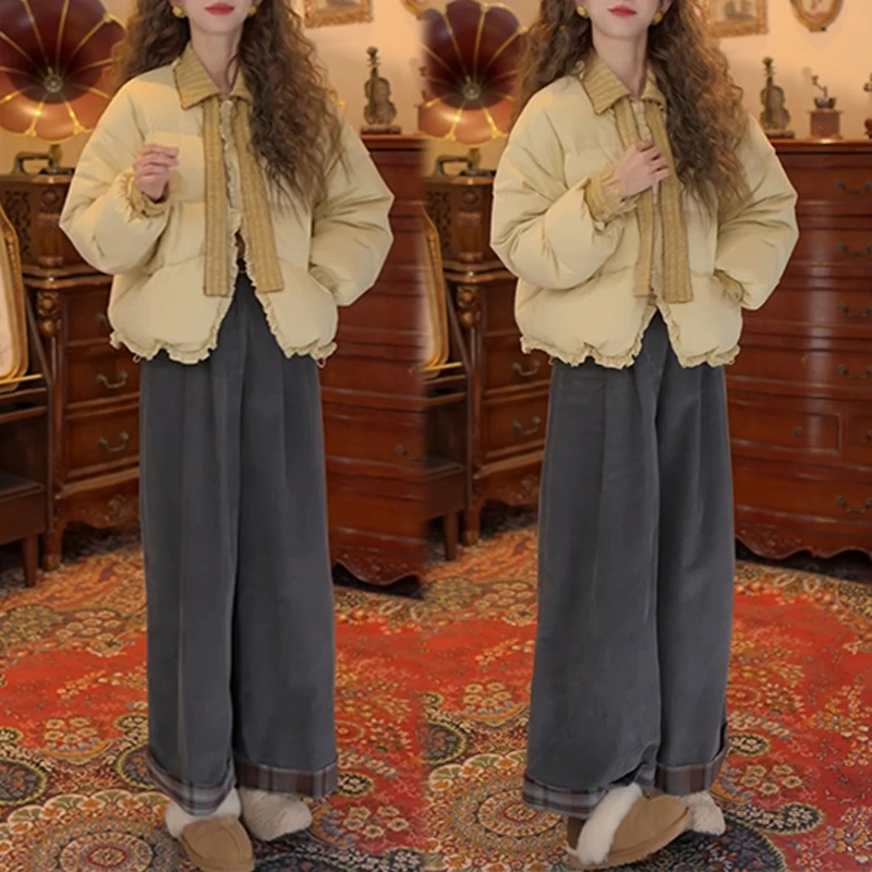 韩系三件套女2025冬季新款翻领衬衫纯色长袖棉服牛仔裤显瘦套装