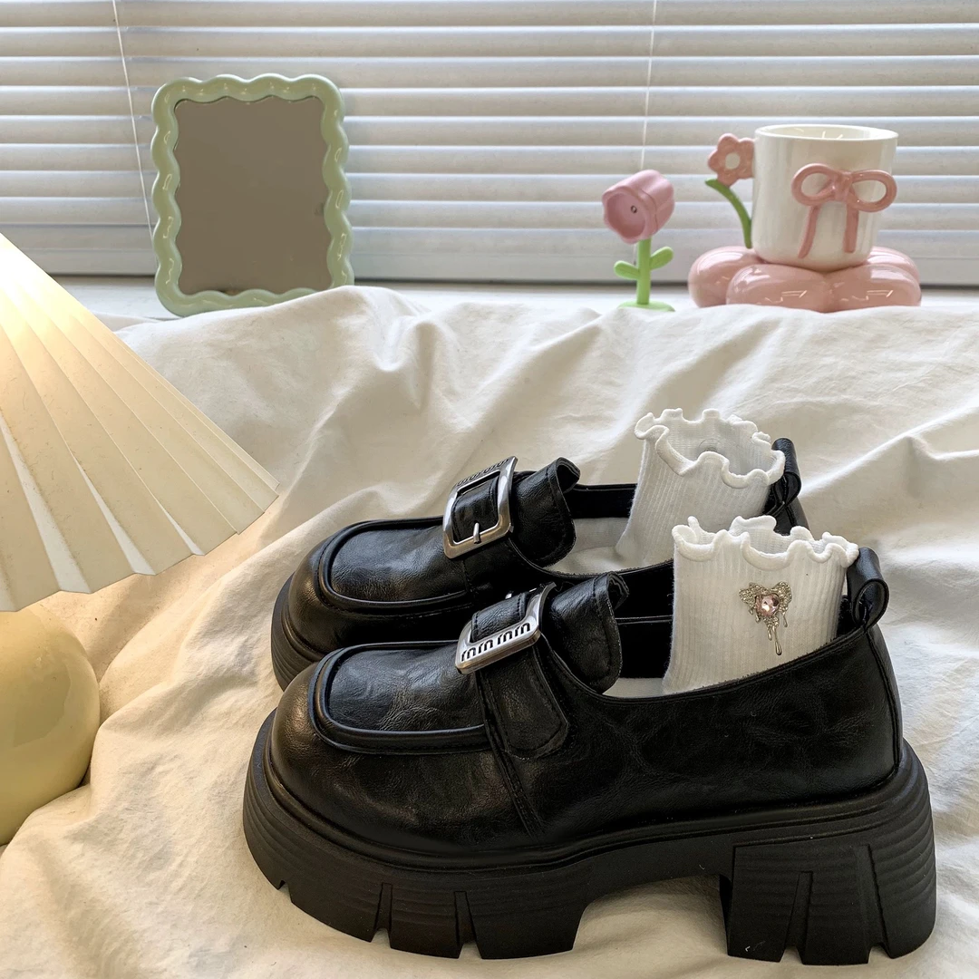 乐福鞋冬季青年厚底黑色英伦风加绒皮鞋圆头23-175