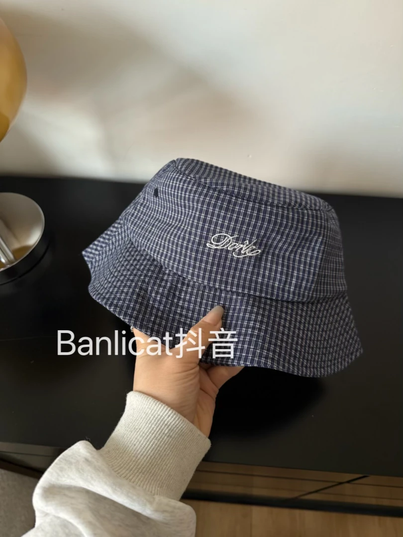韩国新款格子字母刺绣渔夫帽子女夏季防晒遮阳宽檐百搭显脸小盆帽