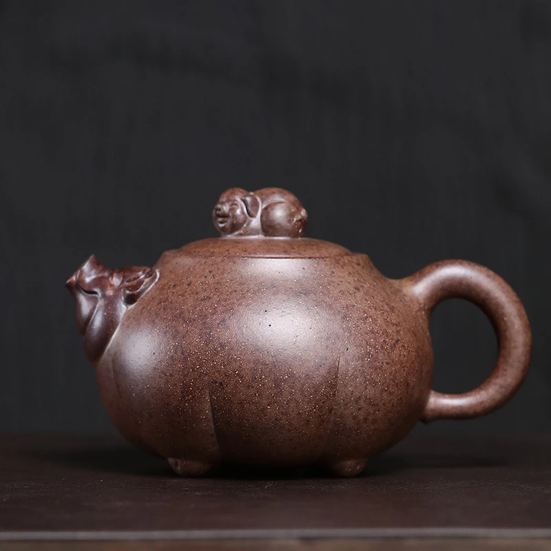 大吉羊柴烧 宜兴紫砂壶手工茶壶 本山绿泥诸事如意320ml徐顺伟