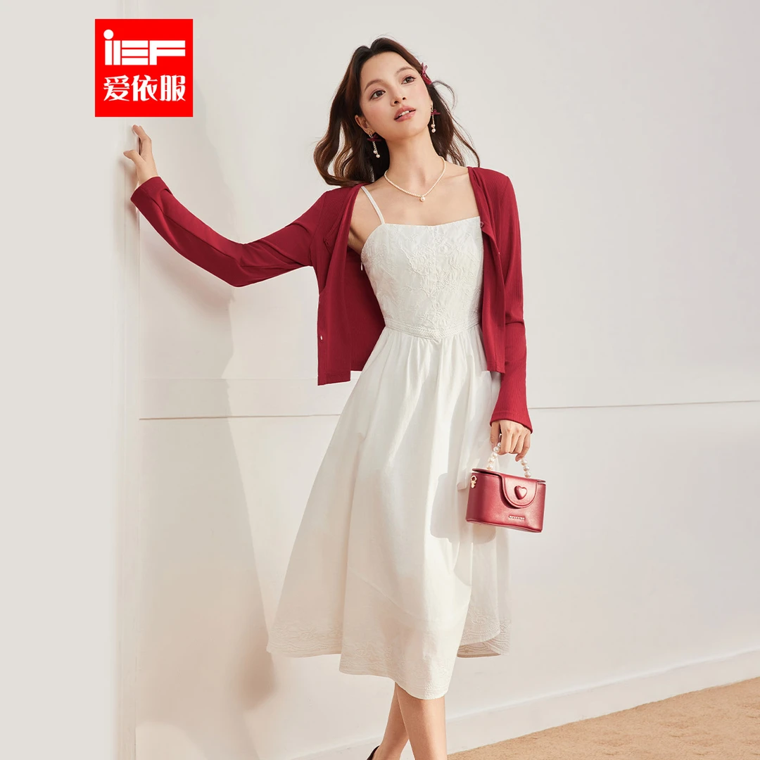 IEF/爱依服2025新款夏秋季温柔浪漫女神刺绣针织里外套裙