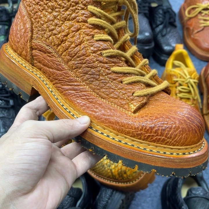 老***活牛皮（革）焦糖色野牛野牛靴子短脸