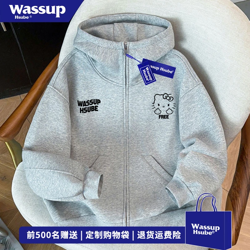 WASSUP HSUBE 嘻哈Kitty猫印花开衫卫衣秋冬季百搭浅灰色连帽外套