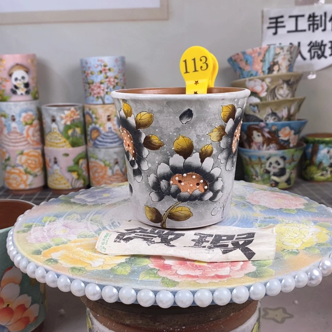 紫砂花盆红陶手绘花盆