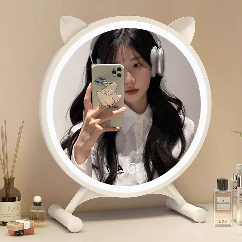 猫耳朵化妆镜智能led可爱带灯女生宿舍梳妆台镜子学生桌面镜子ins