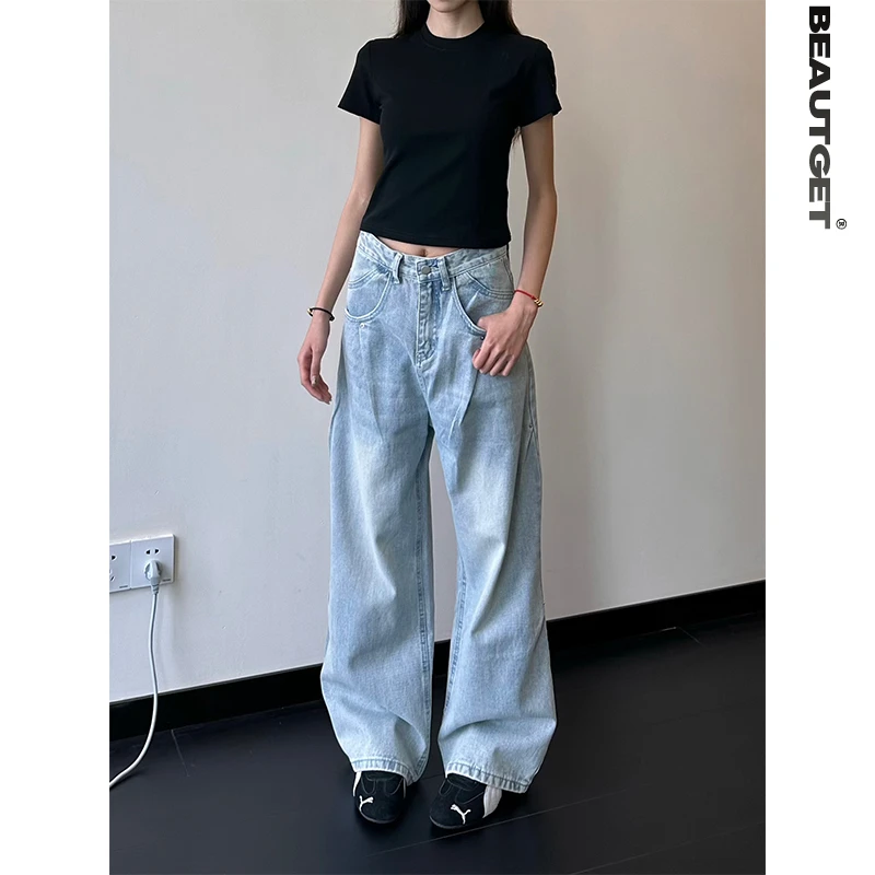 Beautget春夏美式潮流水洗宽松直筒牛仔裤男女ins潮酷牛仔长裤