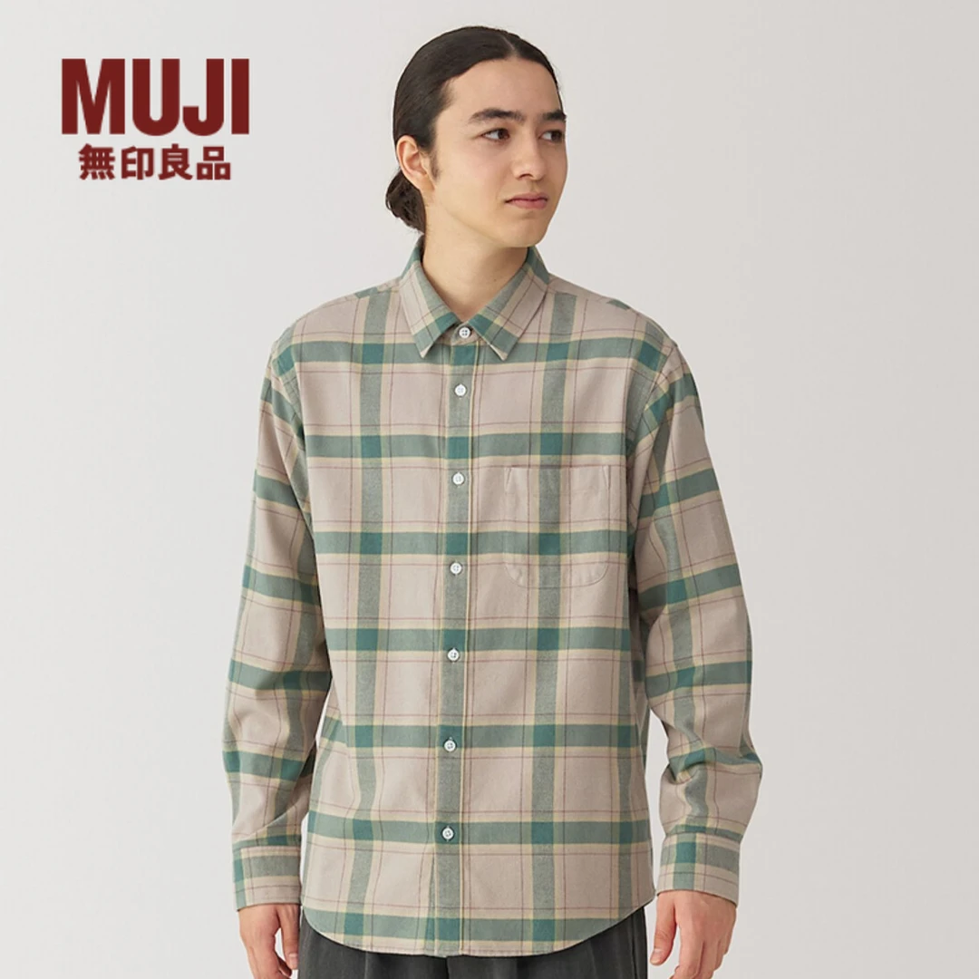 无印良品 MUJI 男式法兰绒长袖衬衫衬衣外套格子男装上衣秋季新品