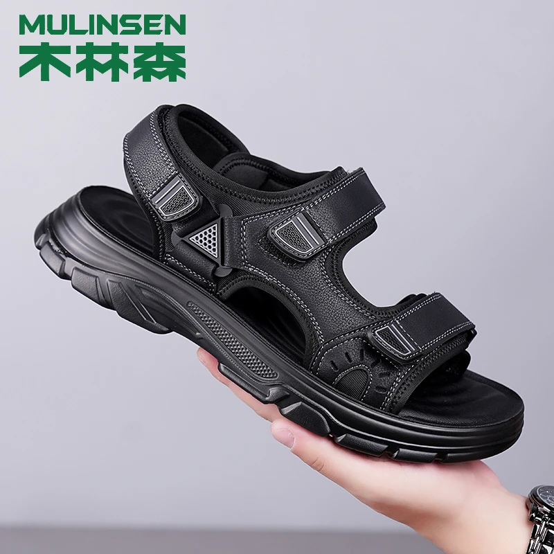 木林森凉鞋男2025年新款夏季休闲软底沙滩鞋潮真皮厚底防滑凉拖鞋