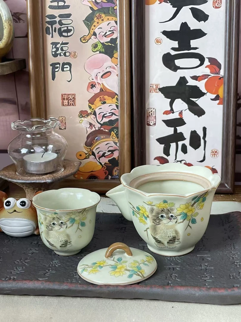 手绘黄花萌猫汝窑茶壶+花瓣杯