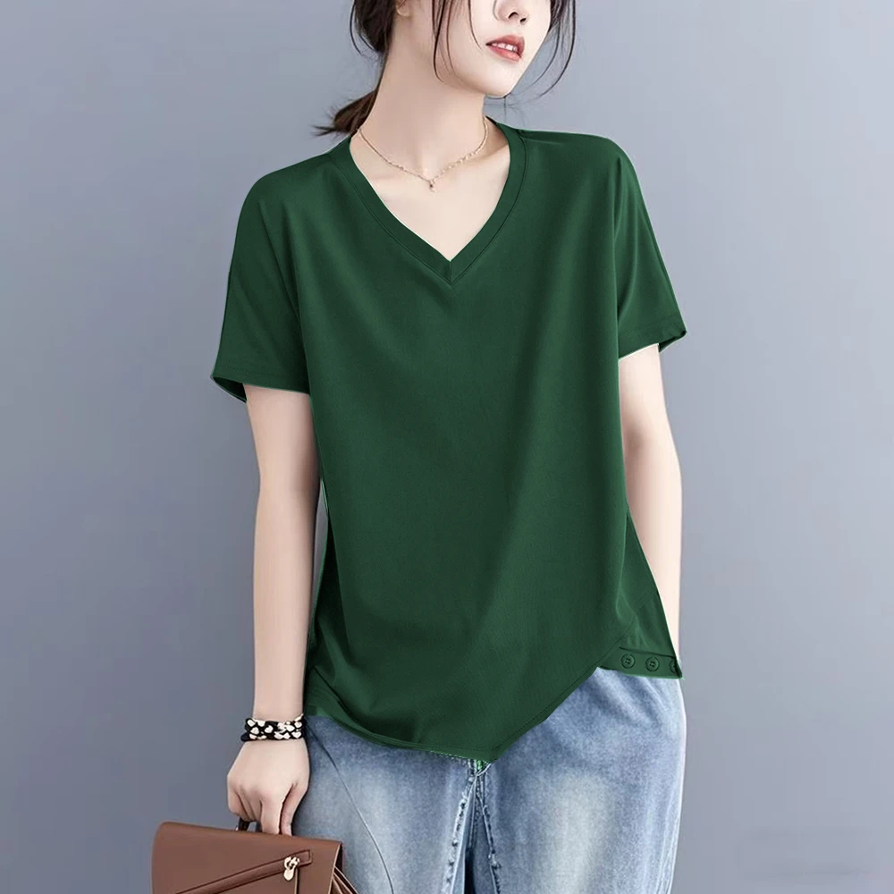2025年新款文艺短袖t恤宽松胖mm大码女装夏季遮肚子V领不规则上衣