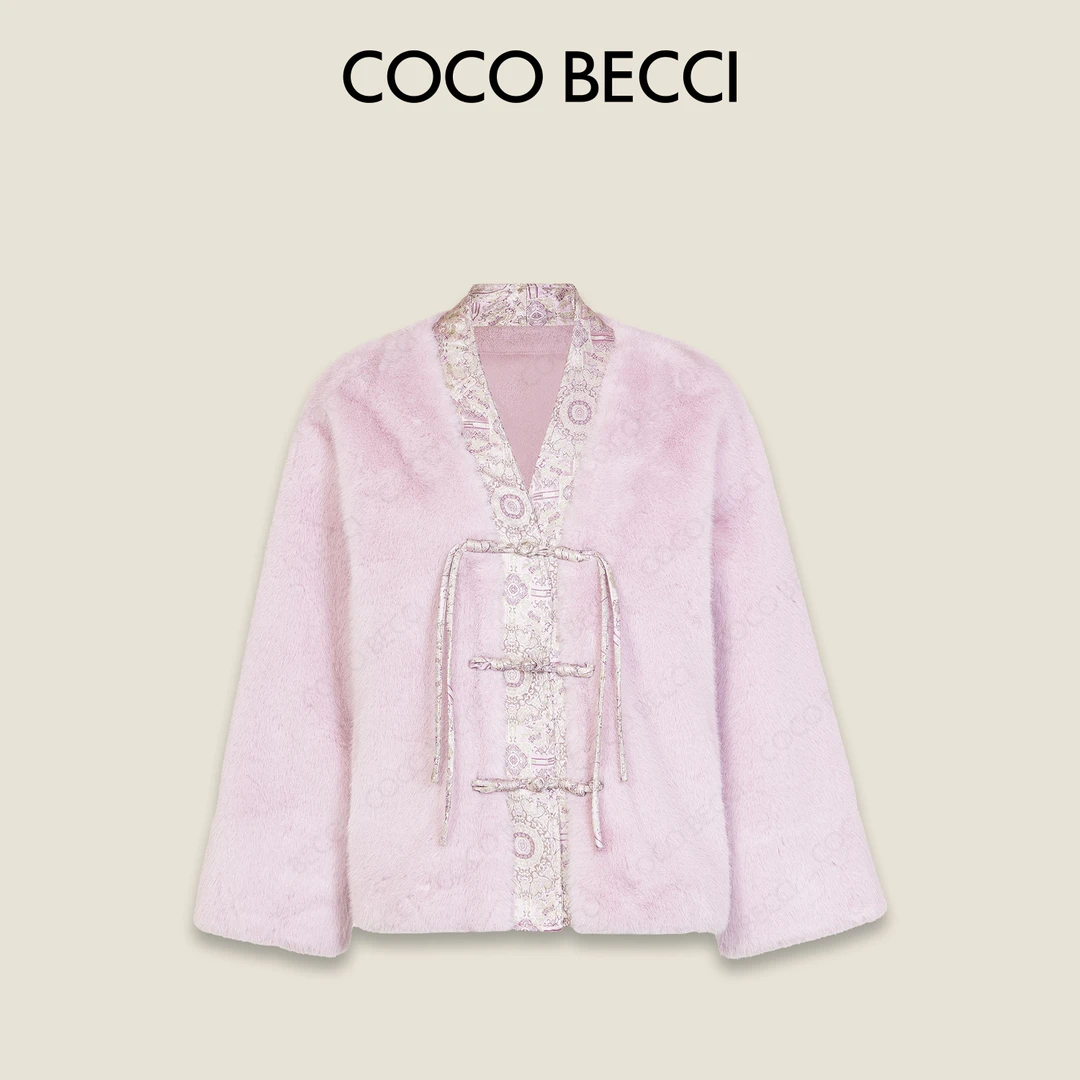 COCO BECCI【紫月幽兰】印花国风盘扣毛毛拼接短外套CFLJD200338