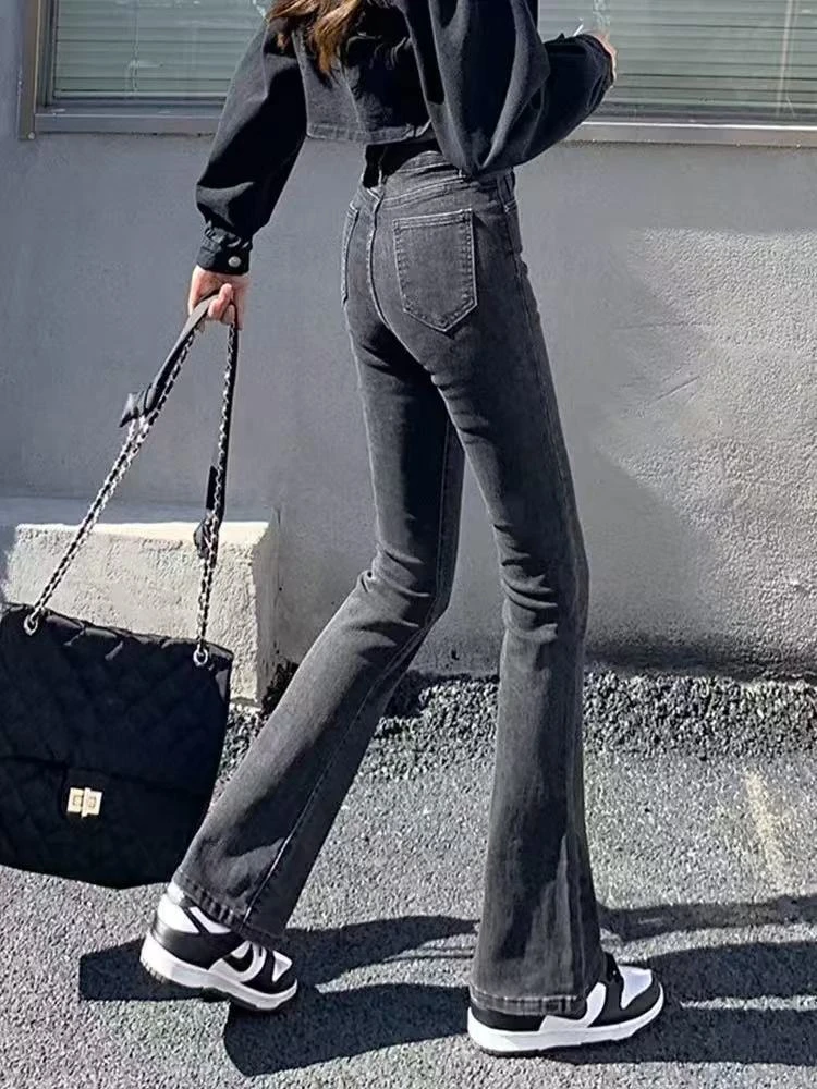 【野时光】803灰色加绒加厚牛仔裤女秋冬新款微喇高腰宽松百搭长裤