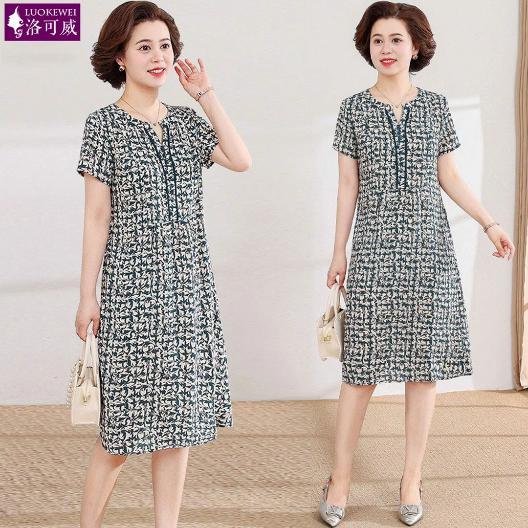 小个子妈妈连衣裙中年女夏装时尚印花短袖洋气中老年显瘦直筒裙子