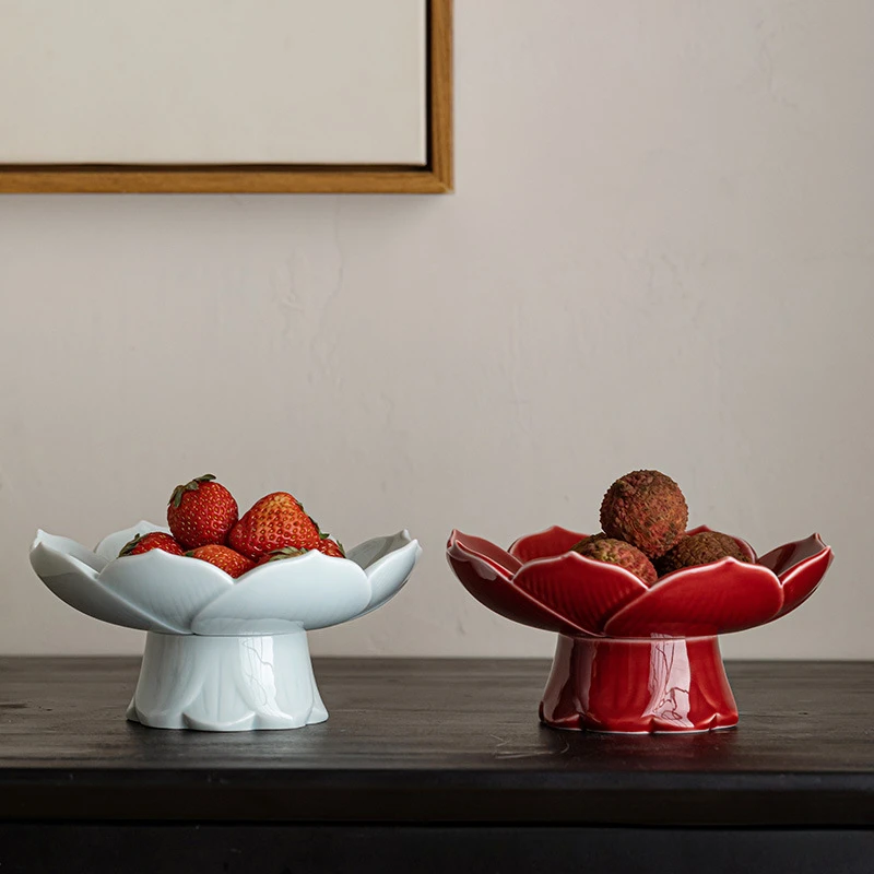 中式高脚沥水果盘陶瓷茶点盘精致莲花形点心盘家用禅意供佛糕点碟