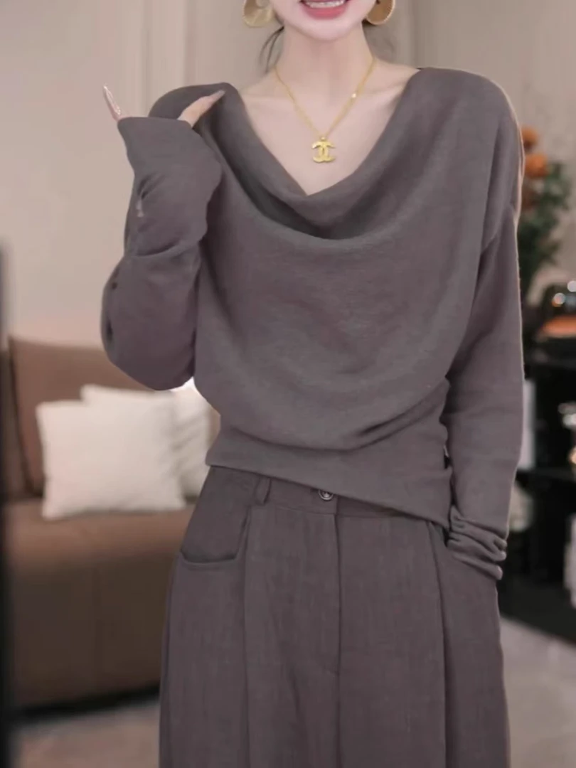 慵懒风褶皱荡领线衫女2025秋季新款气质修身小个子针织衫上衣