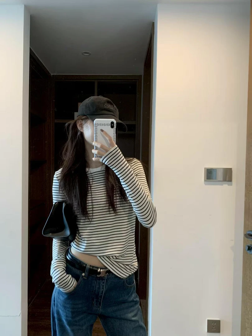 修身简约显瘦内搭薄款条纹T恤长袖辣妹百搭打底小众韩版早秋