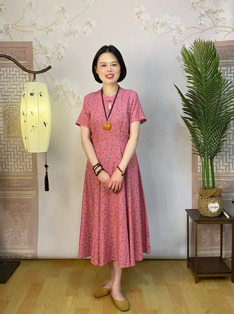 <粉绿悠夏>夏季双色碎花显瘦长裙气质提花国风优雅妈妈连衣裙8259