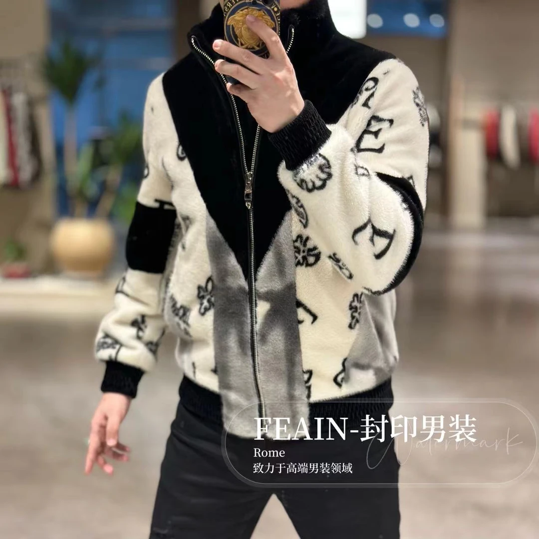高端定制男士立体拼接立领拉链毛绒夹克外套6221