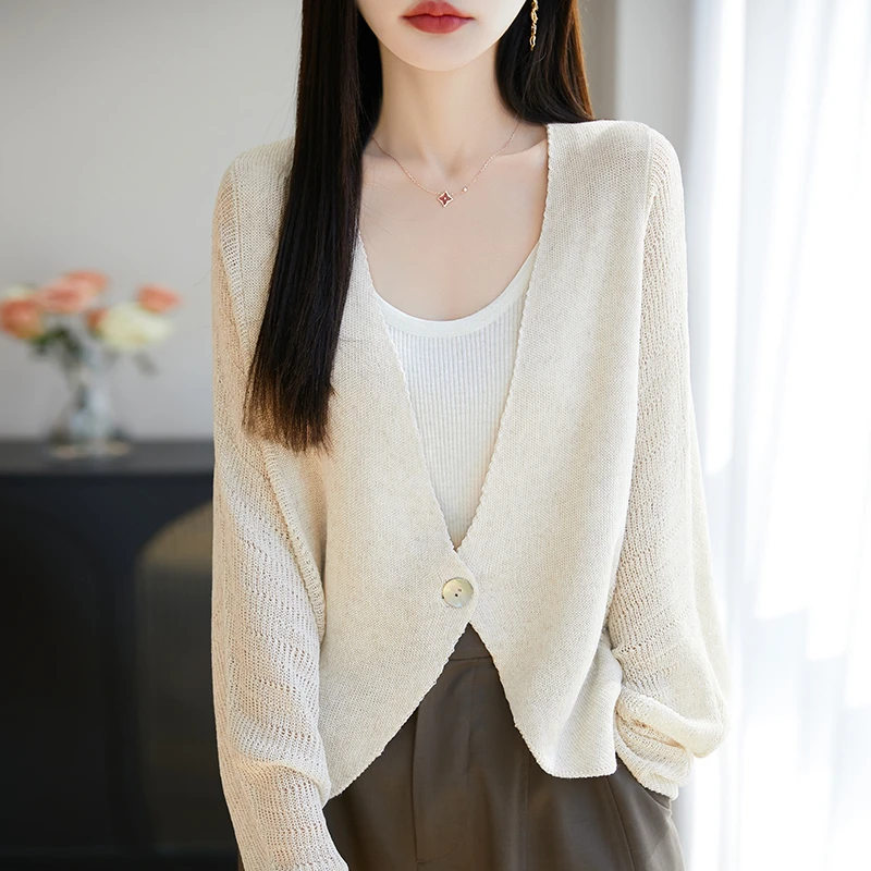 MZ.【兰爵专属】女士新款亚麻一粒扣V领显瘦挑洞长袖针织开衫NS5059