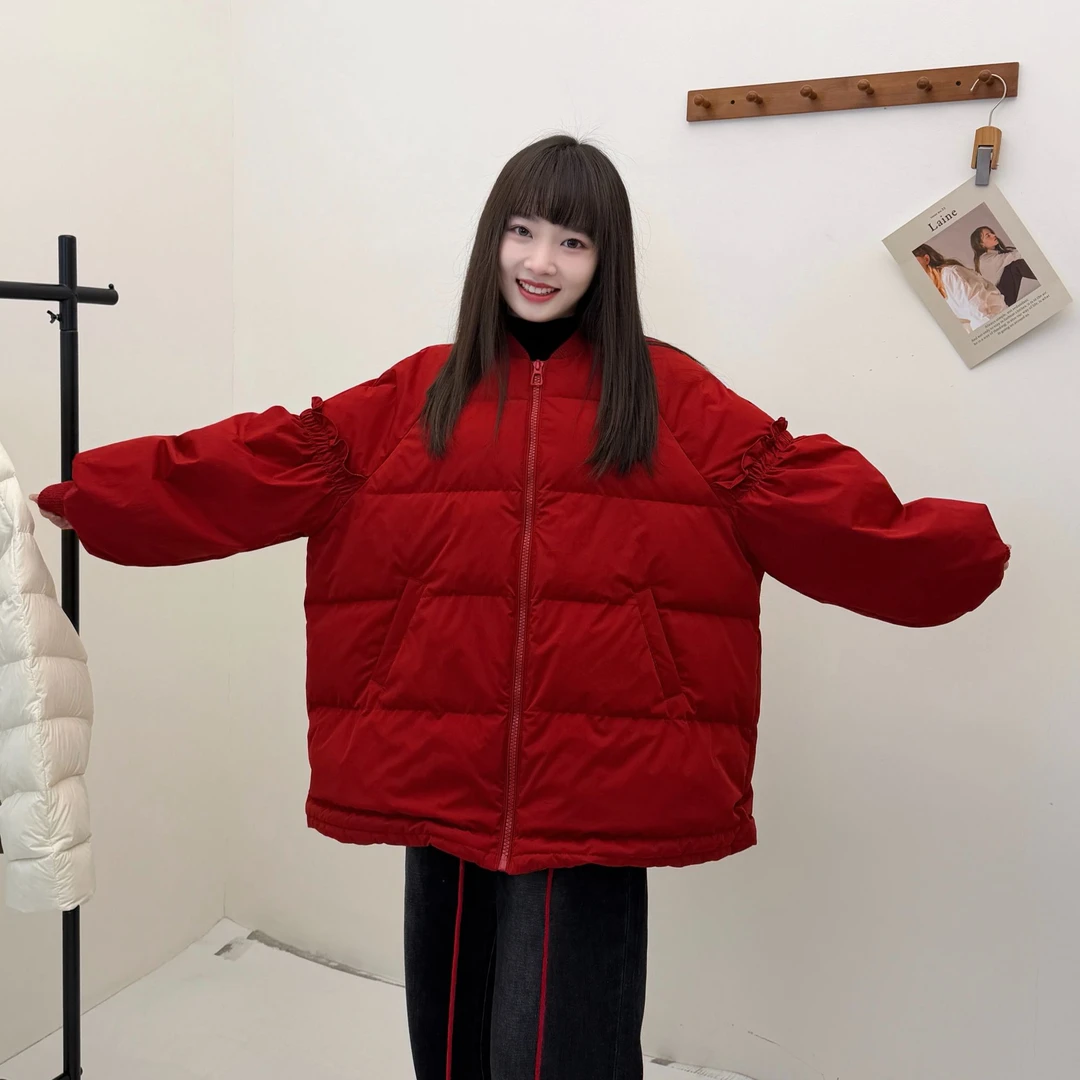 木里咕咕红色花苞袖羽绒服外套过年战衣