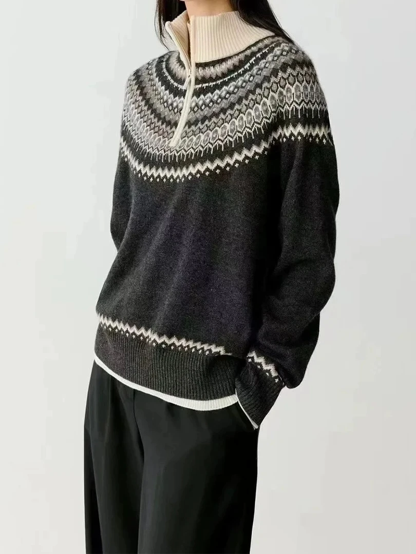 费尔岛灰色拉链毛衣外套女秋冬冬季慵懒风高级感开衫上衣加厚