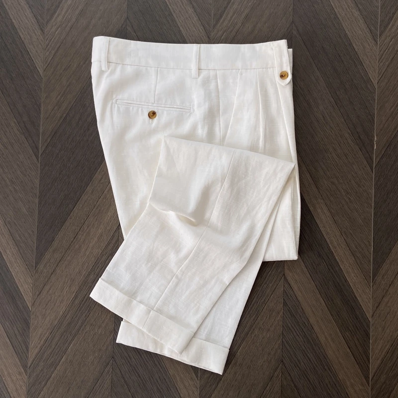 那不勒斯绅士优雅修身直筒西裤新款白色男士夏季通勤百搭西装长裤