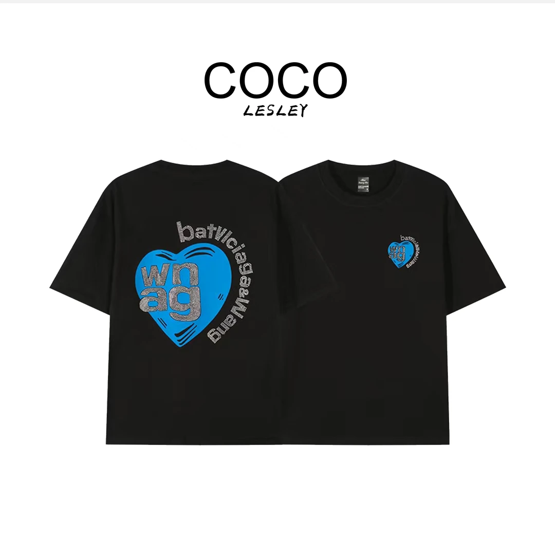 【COCO LESLEY】2025春夏季新款重磅纯棉男女同款WANG烫钻恤短袖A78