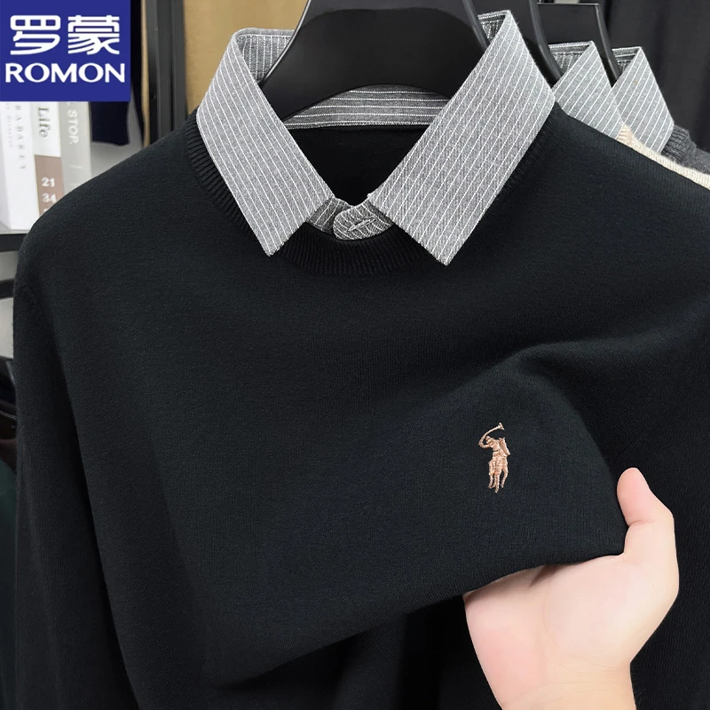 罗蒙2025秋季新款男士假两件毛衣打底刺绣高级感含羊毛针织衫上衣