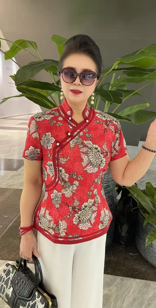 新款桃花红袖高弹力旗袍上衣