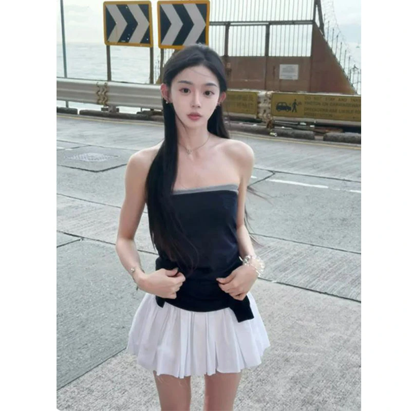 小香风设计感绑带抹胸针织衫上衣2025年夏季新款高腰百褶半裙套装