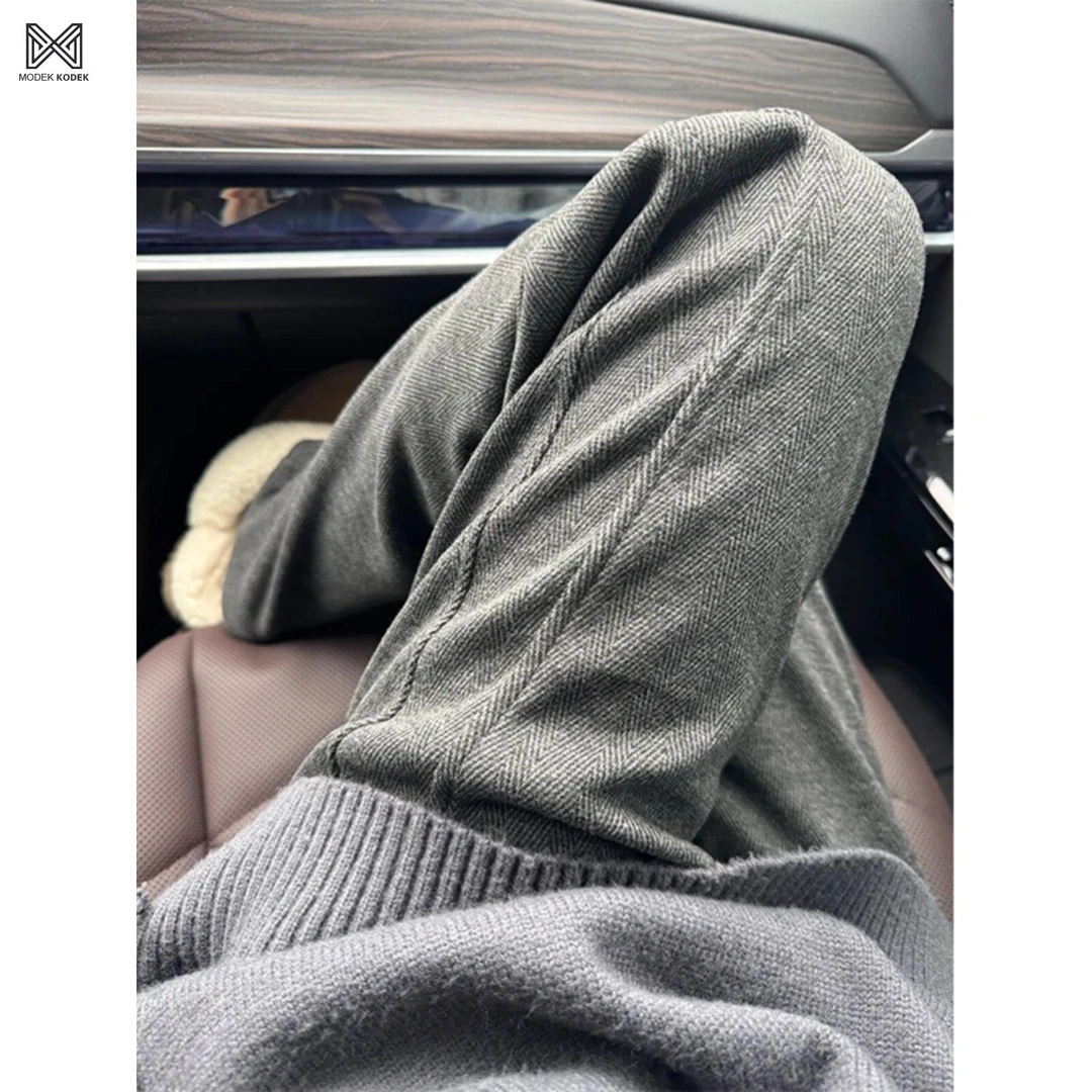 MODEK KODEK人字纹加绒糯米裤男士秋冬款加厚保暖阔腿直筒休闲裤