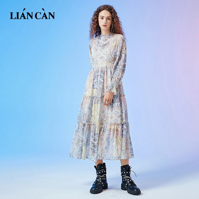 【莲灿】2024年法式浪漫风国风印花雪纺气质修身连衣裙7121324015