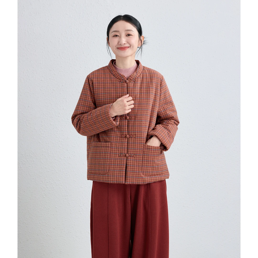 长安诗/十木米原创百分百长绒棉色织格子百搭立领新中式棉服外套