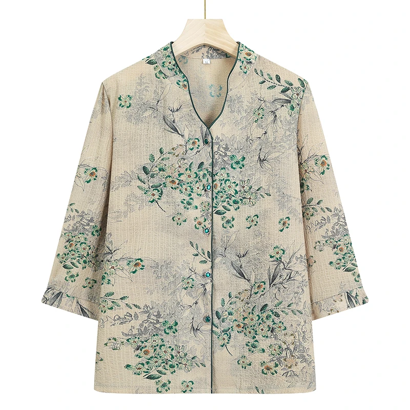 妈妈七分袖上衣中老年女装夏季薄款上衣衬衫老太太衣服奶奶上衣