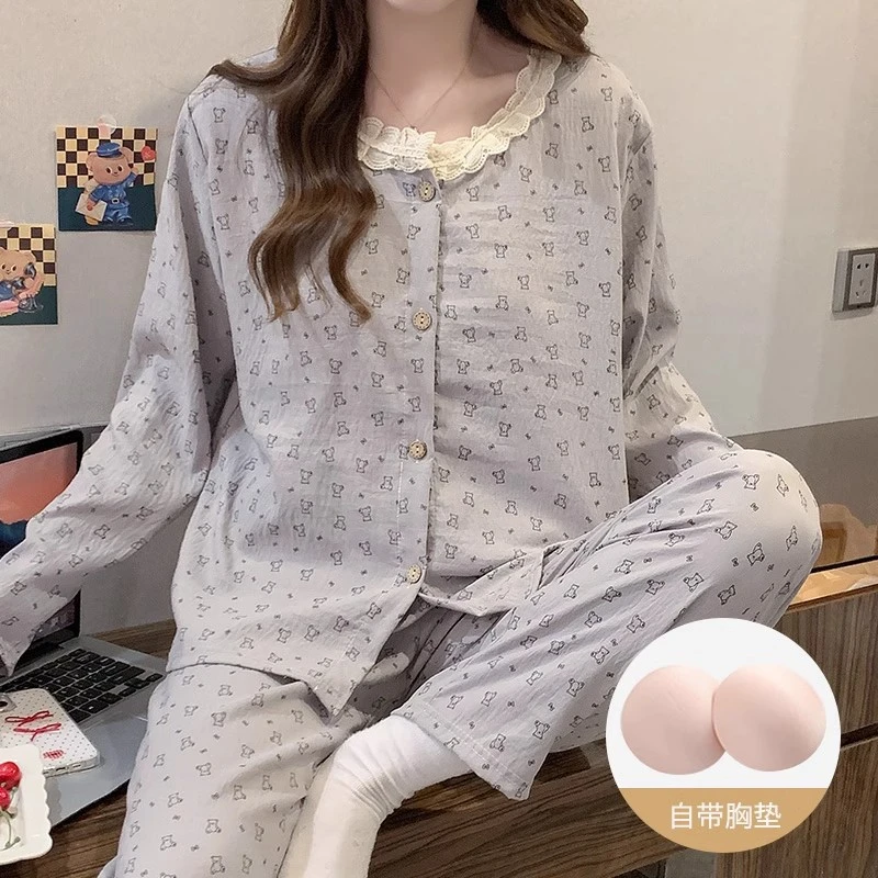 韩系花边长袖睡衣女春秋季带胸垫一体式云朵棉薄款春秋款家居服