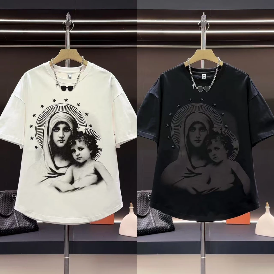 美式休闲个性百搭印花时尚宽松纯棉帅气立体星星设计男士圆领短袖