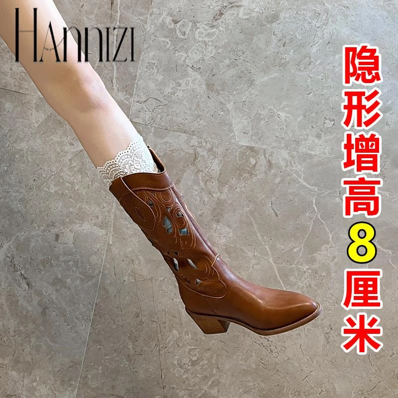 hannizi复古棕色骑士靴女夏季镂空刺绣西部牛仔靴内增高长筒靴潮