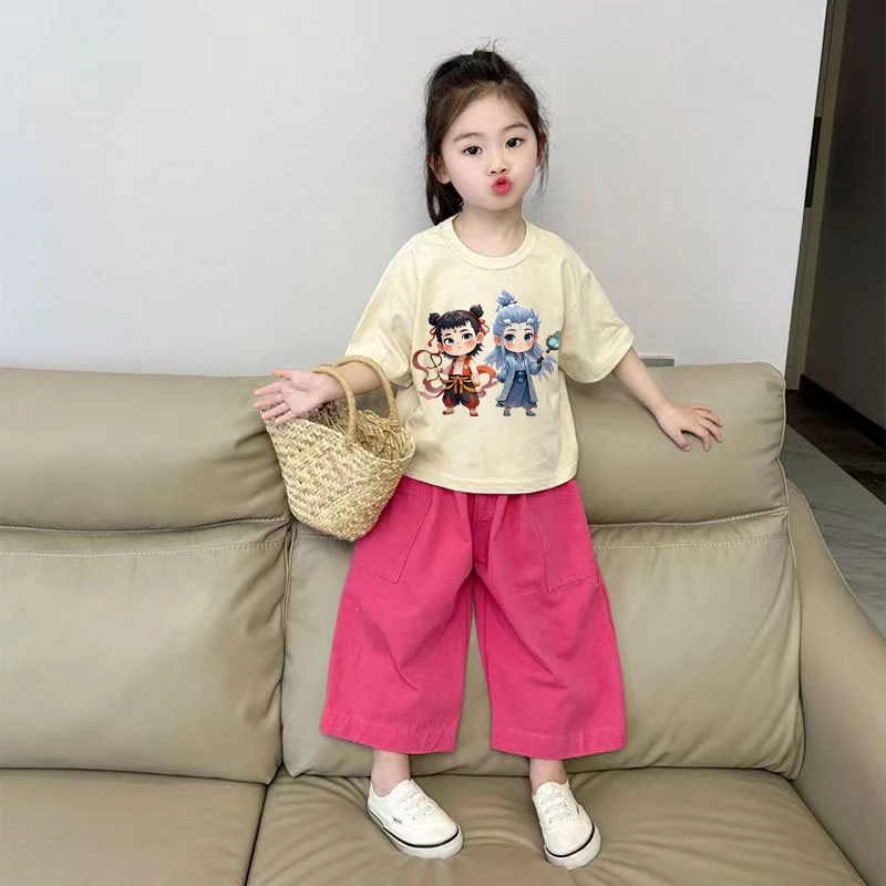 哪吒儿童短袖T恤敖丙套装2025女童中小童卡通半袖休闲裤女两件套