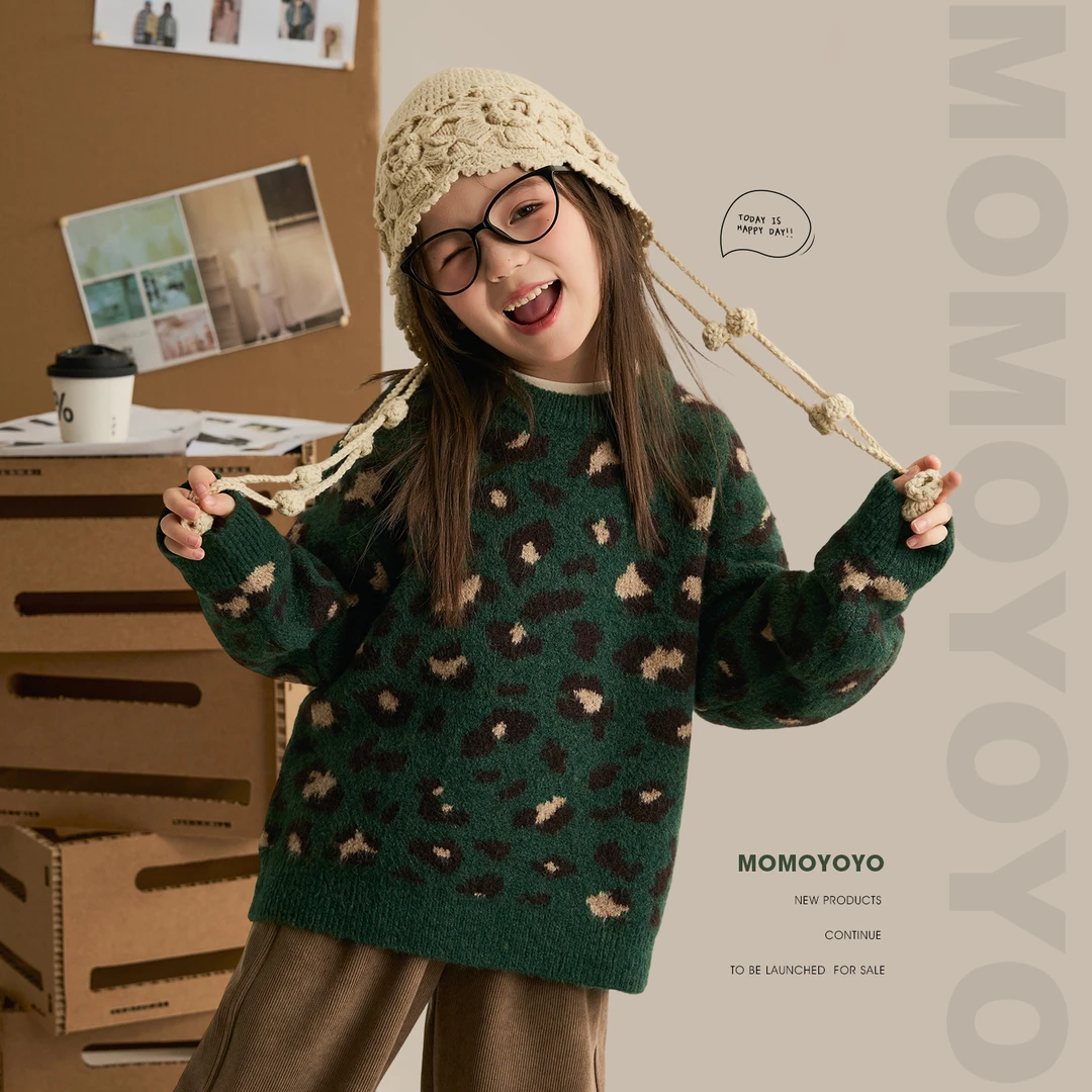 【复古豹系】女童复古撞色豹纹毛衣秋冬套头亲子装上衣8938D