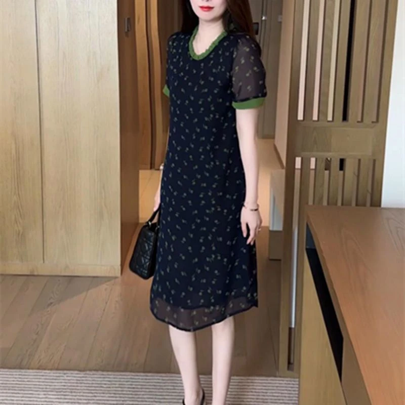 拼接撞色裙子夏季薄款网红显瘦休闲通勤甜美高级时尚妈妈连衣裙