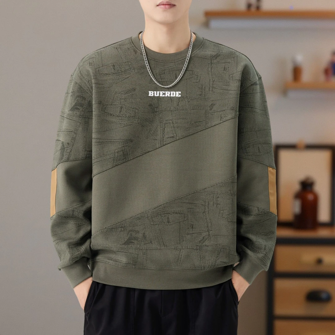 美式复古重磅圆领卫衣男秋冬新款潮牌拼接设计感宽松休闲加绒上衣