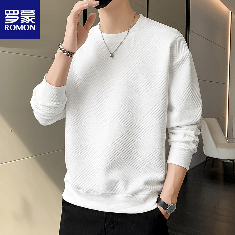 罗蒙男士长袖T恤春秋季款重磅提花圆领休闲男装打底衫卫衣上衣服
