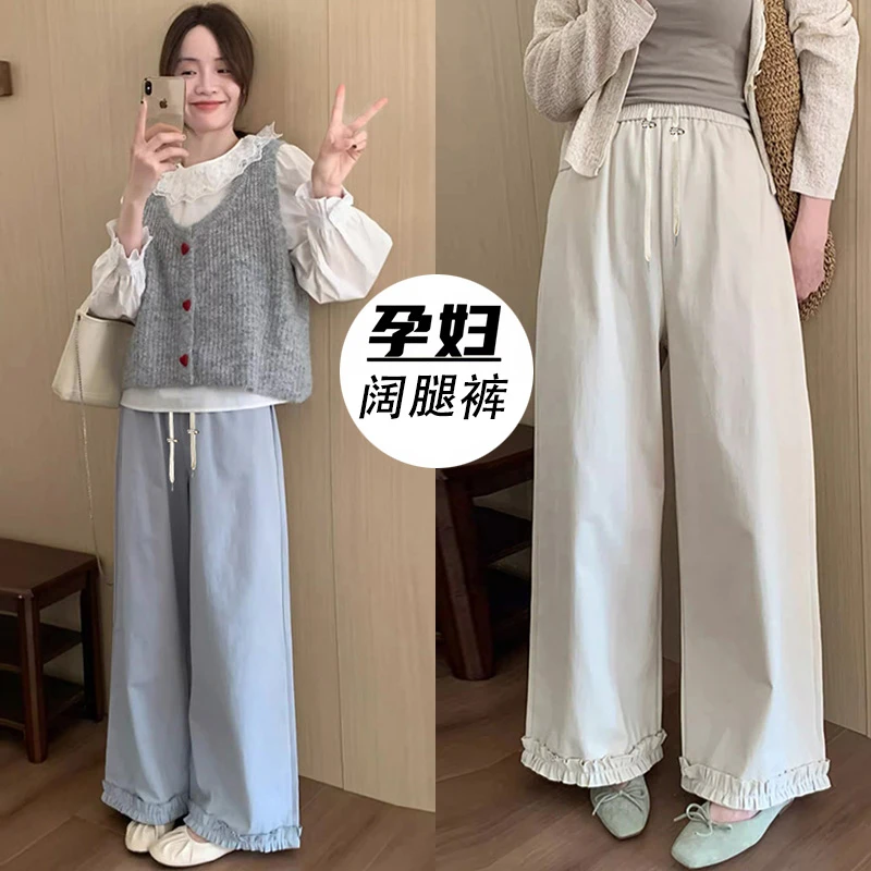【春夏新品】孕妇裤仿牛仔木耳边花边抽绳直筒裤休闲显瘦垂感阔腿裤