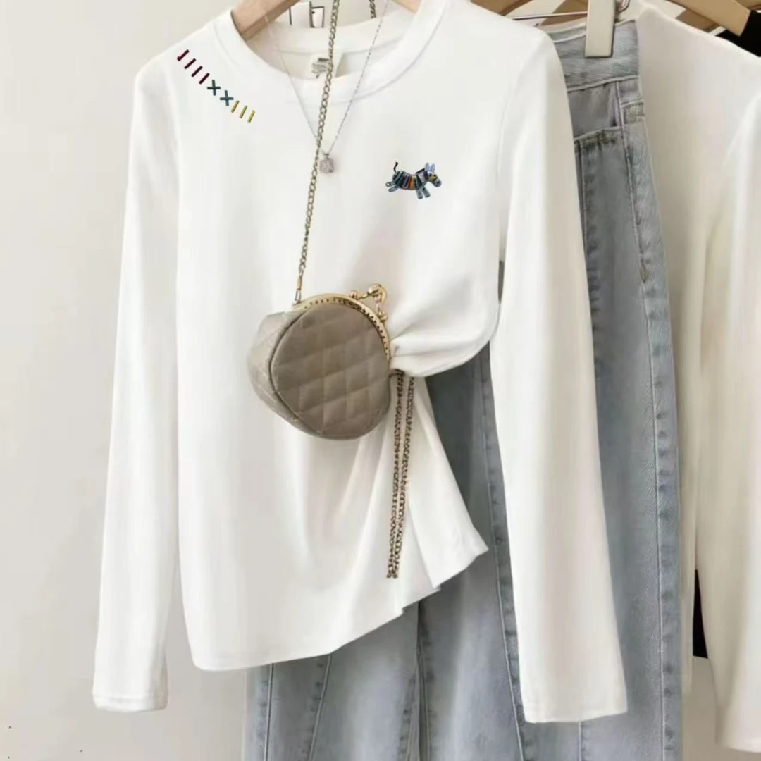 福利款·糯米绒~【彩虹木马·刺绣】长T恤女秋季正宽松白色上衣25131