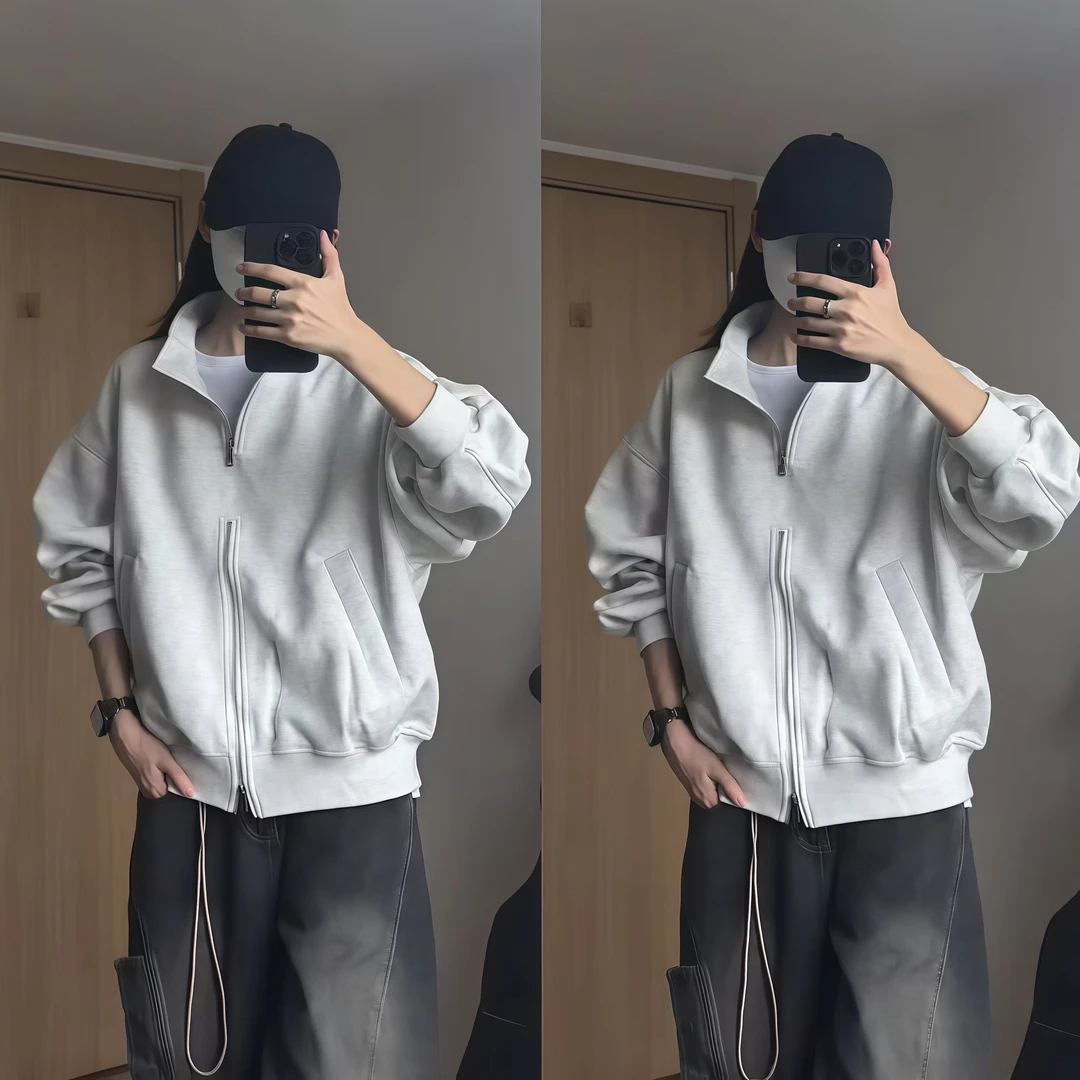秋季美式高街双开拉链设计重磅立领卫衣男士潮牌时尚套头休闲上衣