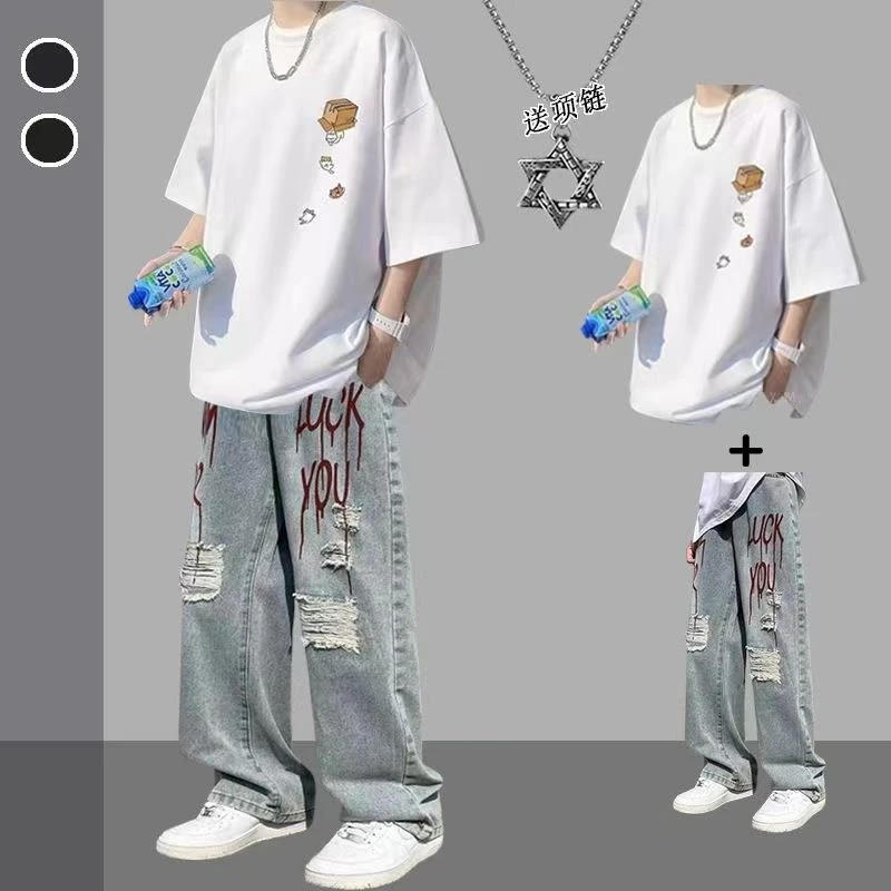 夏季套装短袖T恤男生ins潮流设计感痞帅一套搭配男装牛仔裤三件套