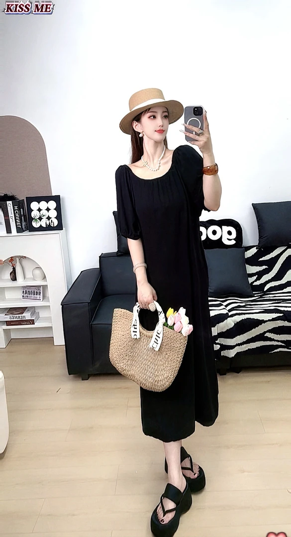 JIUYUE—【不掉色小黑天鹅】双穿U领一字肩棉绸度假长款棉绸连衣裙