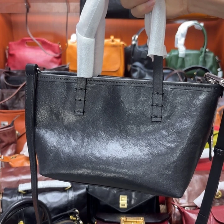 头层牛皮黑色菜篮子